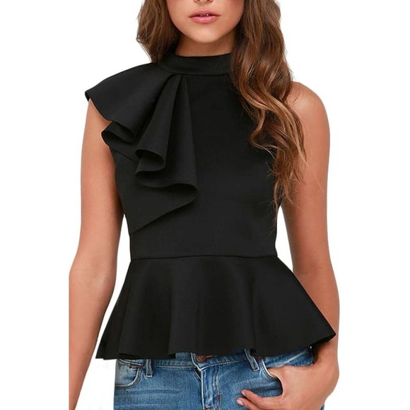 Ruffle Peplum Top‎ Mock Neck Sleeveless Party Cocktail Blouse Size M - Picture 1 of 8